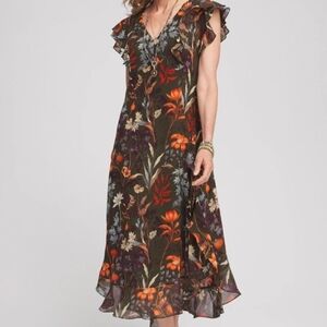 Chicos Ruffled Floral Autumn Trail Maxi Dress Size 3 XL 16/18 V Neck A Line